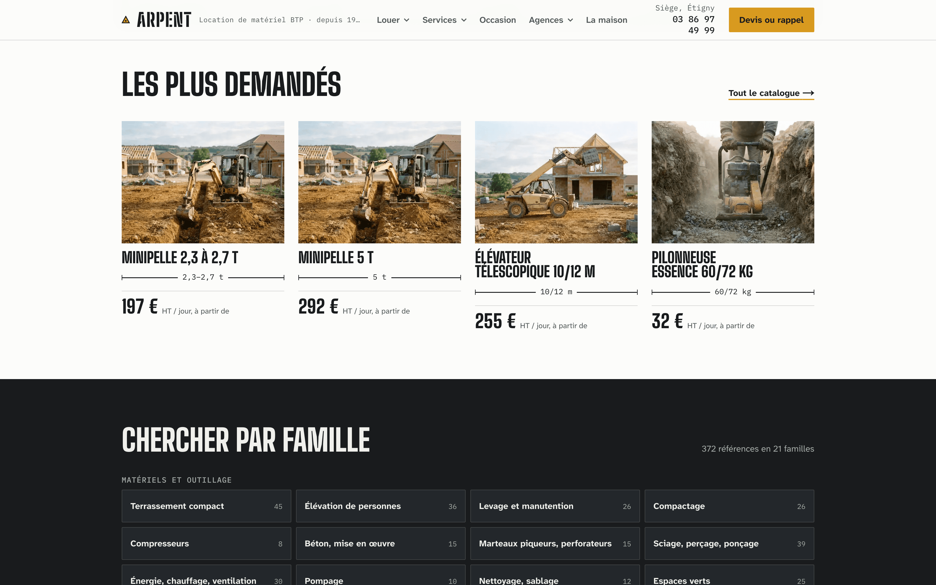 Site démo Arpent : matériels les plus demandés avec leur prix à la journée