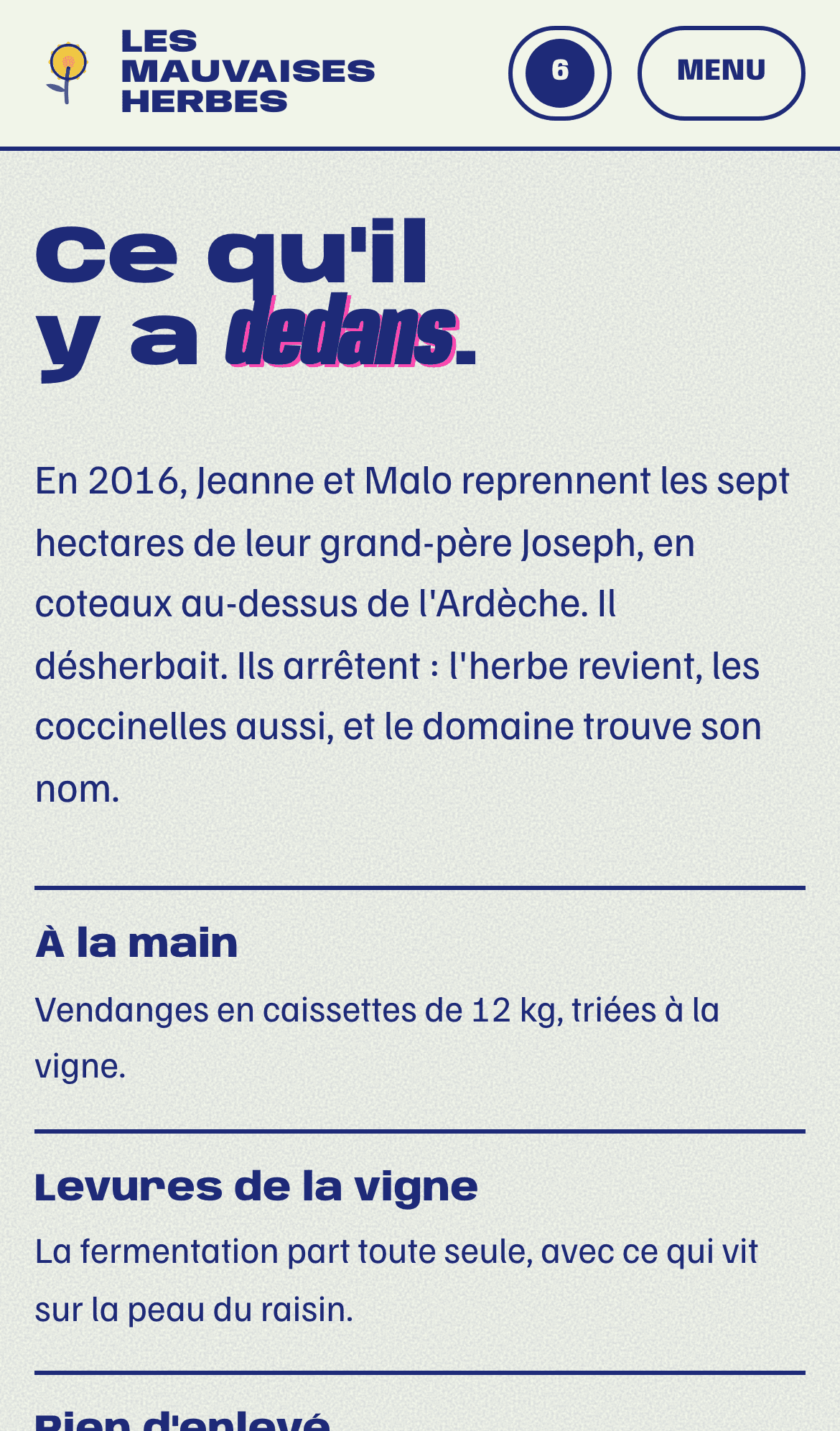 Site démo Les Mauvaises Herbes sur téléphone : ce qu'il y a dans le vin